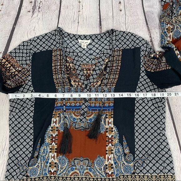 TRIBAL JEANS women's longsleeve top boho mixed print tassel peasant style size S - Picture 8 of 11